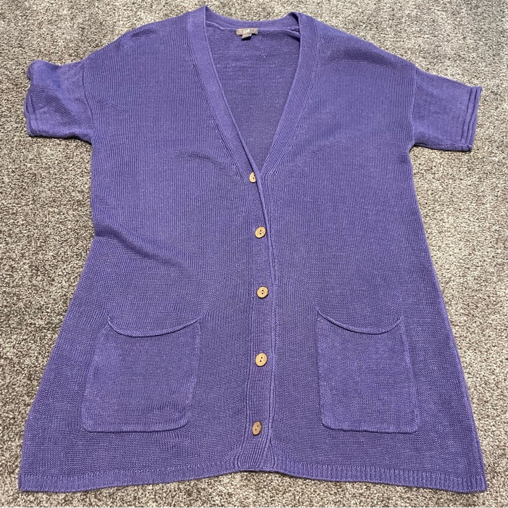 J.Jill Women Small Linen Bamboo Blend Short Sleeve Cardigan Purple with Pockets